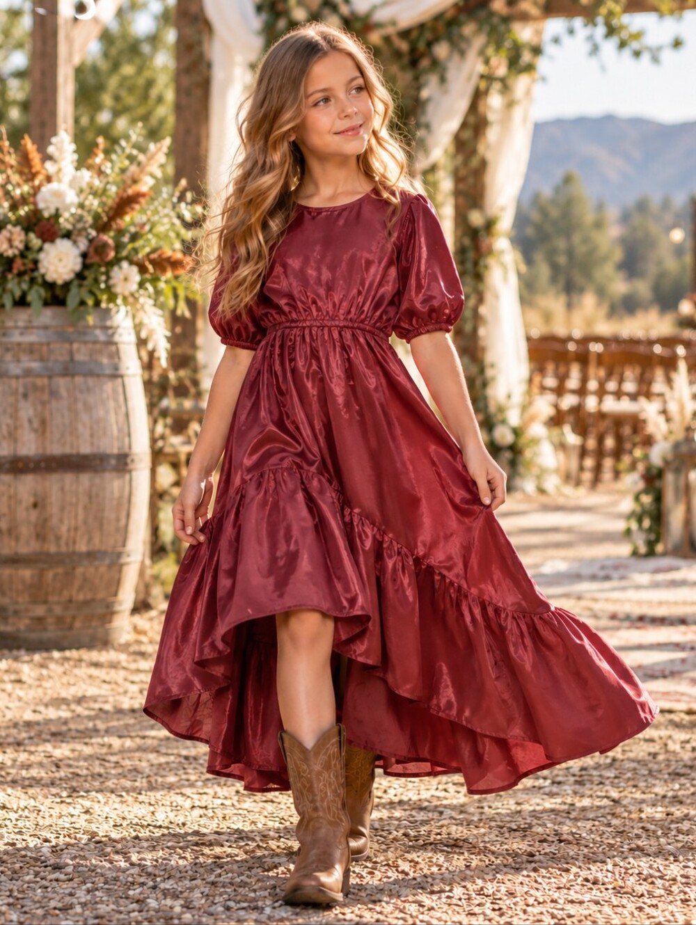 Joyfolie Mia Joy Gabriella Ruffled Satin Hi-lo Dress in Burgundy Girls' 10 NWT